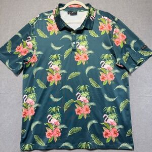 Yatta Golf Mens Flamingo Hibiscus Tropical Performance Polo Shirt‎ Teal Large